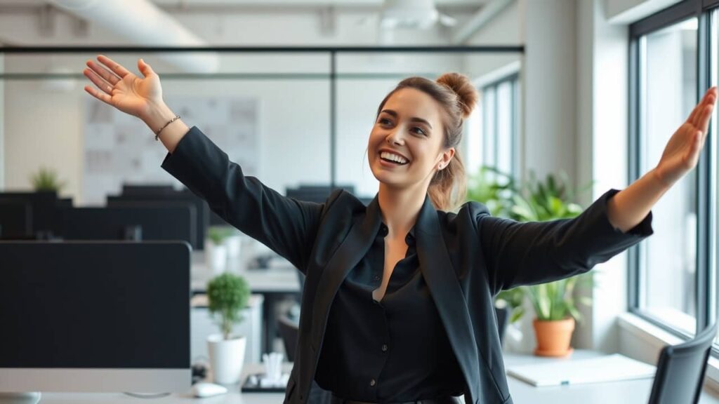 A woman in a black suit is highly motivated in her workplace. 