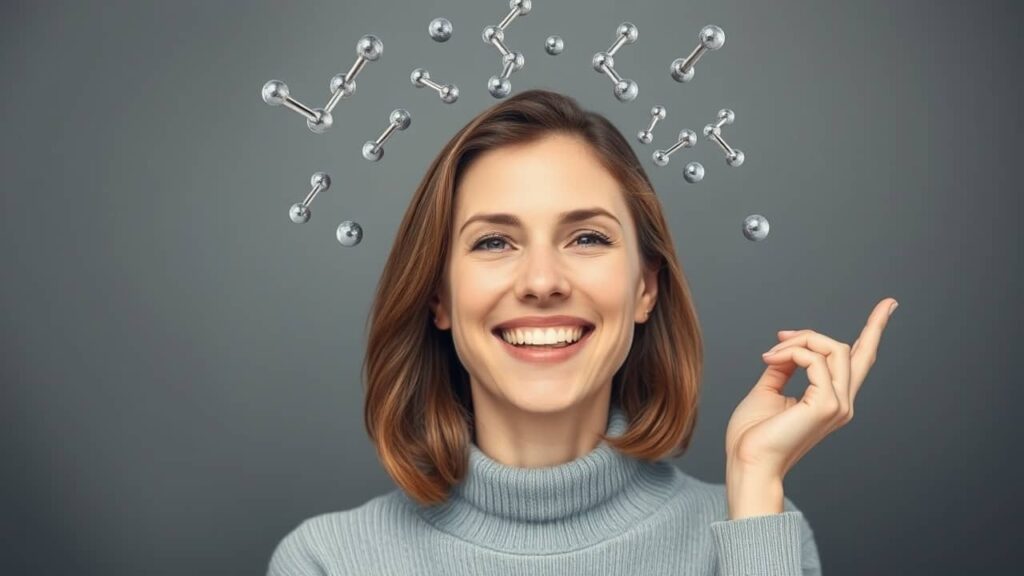 Dopamine, a brain neurotransmitter, is crucial for motivation (A woman smiling with dopamine molecules above her head).