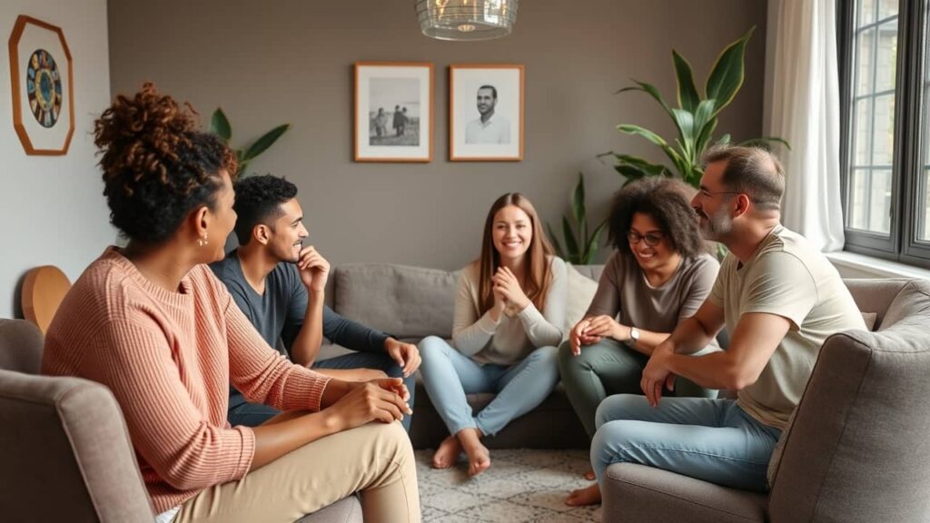 a group of people talking about motivation in a therapy session. 